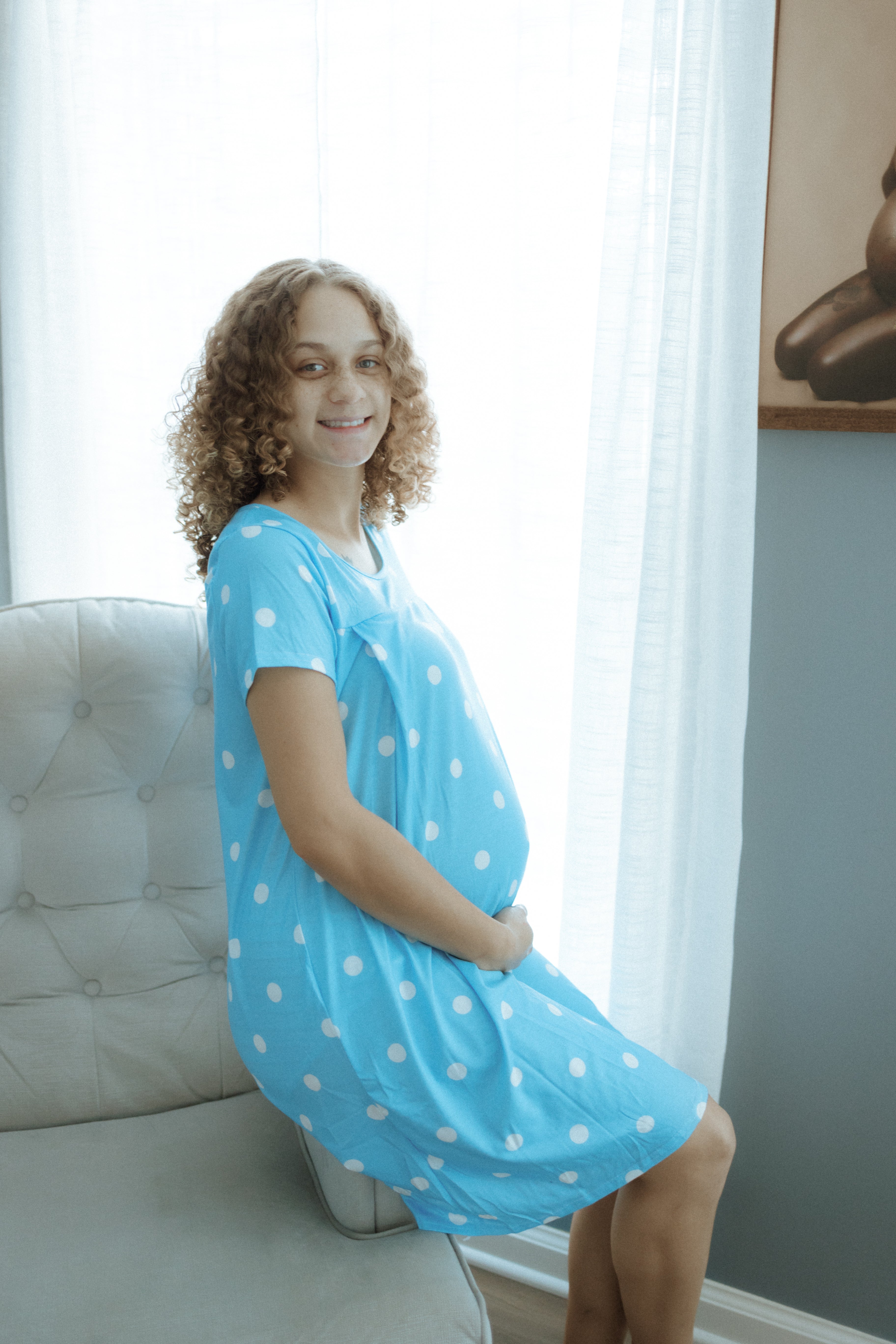 Elegant Maternity Nursing Nightgown with Paisley Design –  Sky Blue