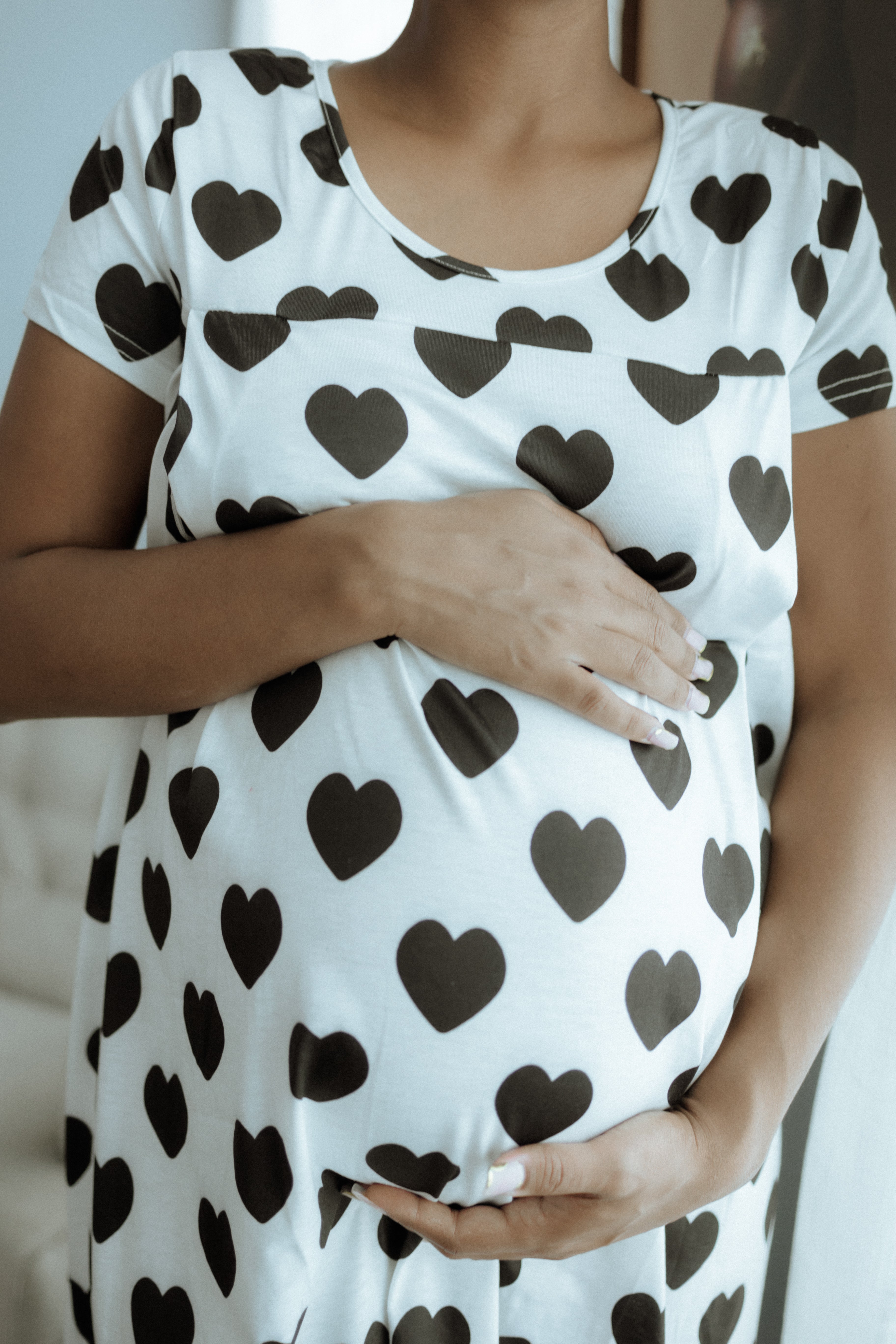 Maternity Nursing Nightgown with Black Heart Print – White